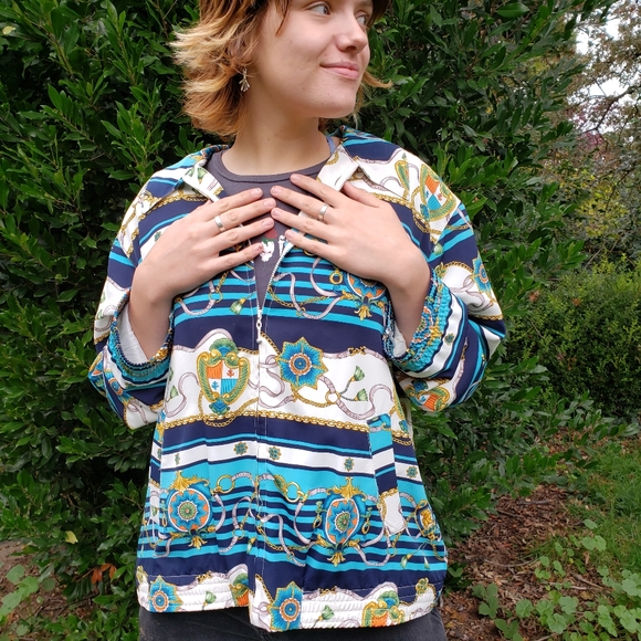 vintage womens jacket Alfred Dunner 16W nautical chain print bomber full zip 90s - Picture 2 of 16